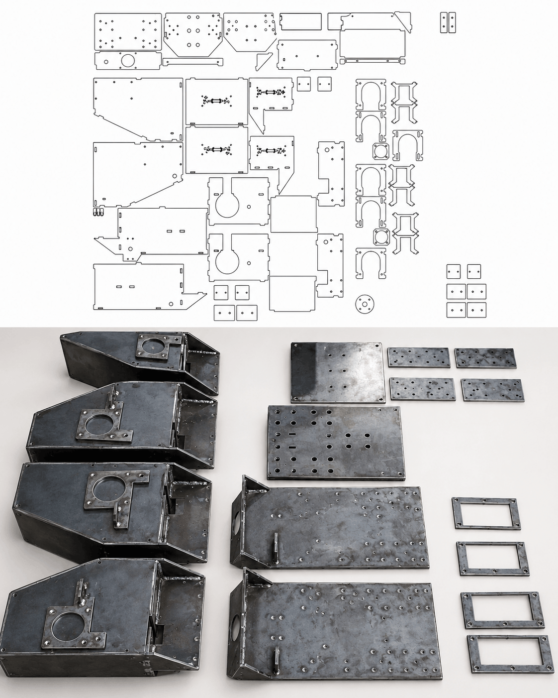 Kit de peças — desenho técnico e peças cortadas a laser